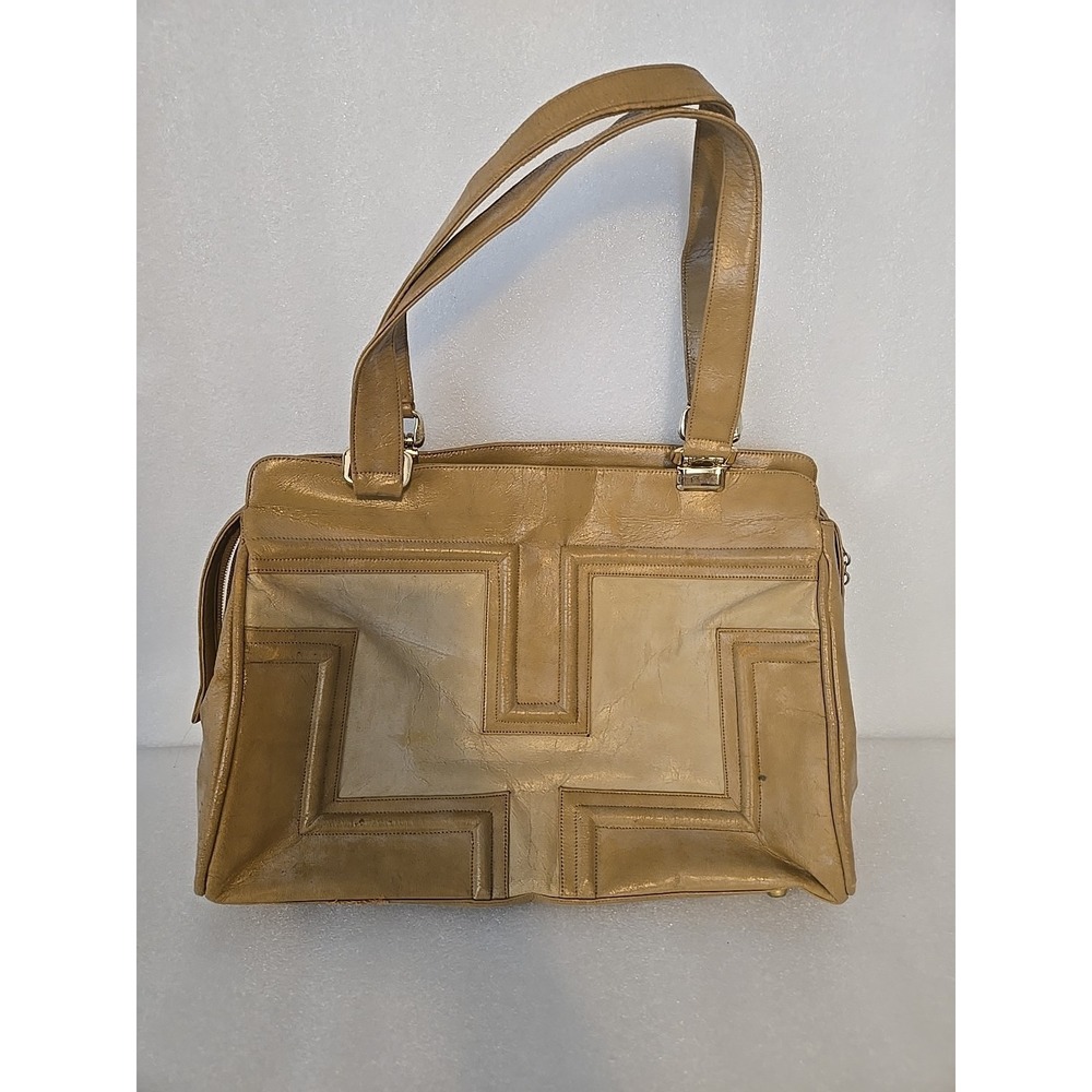 Vintage Tan Geometric Faux Leather Handbag Purse Mid Century Mod Structured Tote